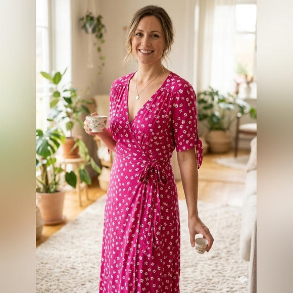 serophine Dresses & Skirts - Seraphine Pink Floral Maternity Wrap Dress Short Sleeve Nursing Friendly